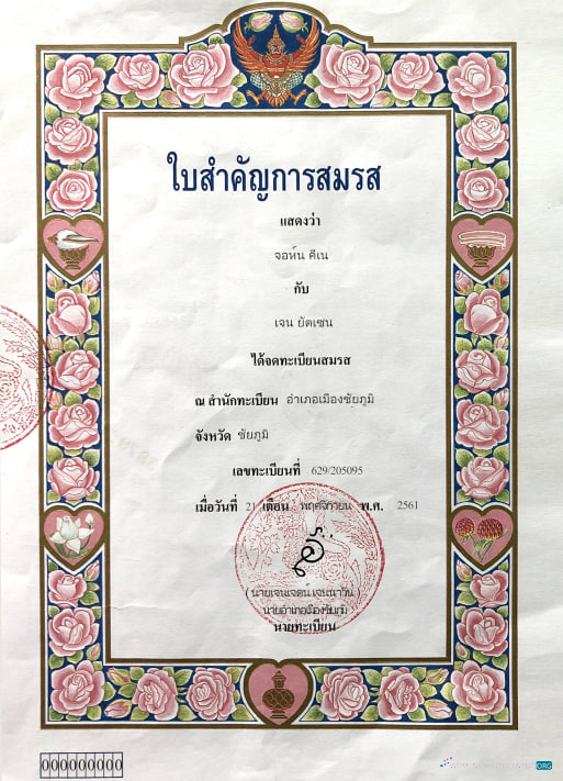 Download Thailand marriage certificate Photoshop template